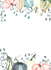 Watercolor square frame with autumn blue white, pink pumpkins. Floral arrangement with . Harvest Wreath. Hand drawn illustration. For invitation, design, textile,