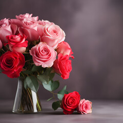Bouquet of red and pink roses, interesting background for Valentine's day, copy space area, ai generative