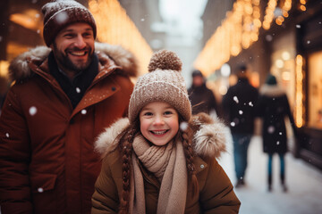 candid portrait of happy kid with cheerful father on the snowy street during winter holidays