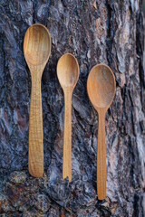 three brown empty wooden spoons lies on a gray bark