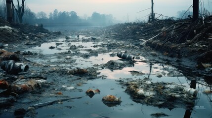 Water pollution, the environment and rivers are full of rubbish, dead fish.