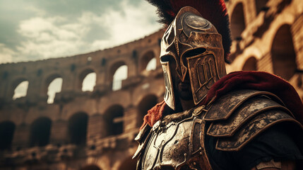 furious gladiator in armor and helmet against the backdrop of the Colosseum. ai generative