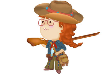 A cartoon image of a cute woman with red braids wearing a cowboy outfit holding a rifle slung over her shoulder. Wear a leather hat and carry a leather bag.
