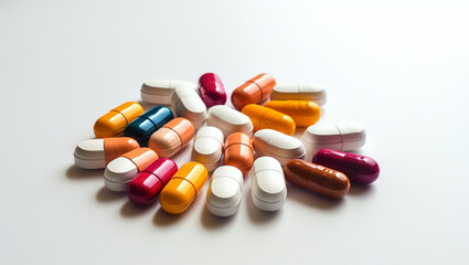 Pills on a white background. Medications that help with illnesses. Medicines for colds, ailments and pain.