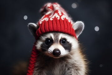 raccoon in a knitted red winter hat. ai generative