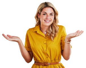 Portrait, shrug and woman with a smile in studio for confused and decision isolated on a png transparent background. Face, female person and happy, doubt or unsure with choices, hand gesture or emoji - obrazy, fototapety, plakaty