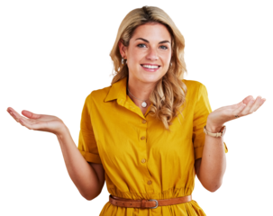 Portrait, shrug and woman with a smile in studio for confused and decision isolated on a png transparent background. Face, female person and happy, doubt or unsure with choices, hand gesture or emoji