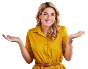 Fotobehang Portrait, shrug and woman with a smile in studio for confused and decision isolated on a png transparent background. Face, female person and happy, doubt or unsure with choices, hand gesture or emoji © Shubham/peopleimages.com