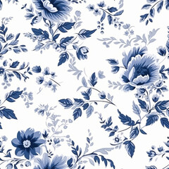 Seamless floral pattern, tileable blue and white country style print with flowers for wallpaper, wrapping paper, scrapbook, fabric and product design, generative ai