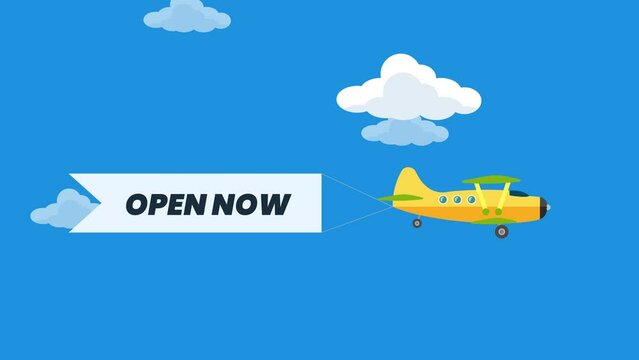 Aircrafts in sky with Open now text banners cartoon animation. plane flying with advertising ribbons.