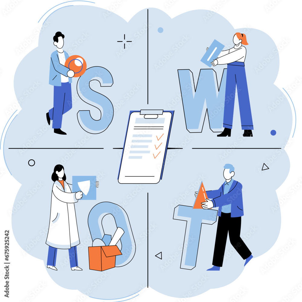 Poster swot analysis. vector illustration. planning involves setting goals and defining actions to achieve 