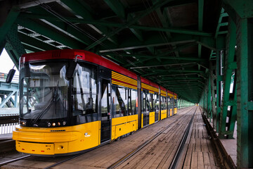 Tramway on the Gdanski Bridge, steel truss bridge across the Vistula in Warsaw, Poland.