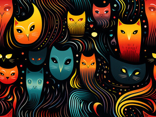 Abstract pattern of a cat's face that repeats and tiles. Vivid color. 2D flat cartoon style illustration.

