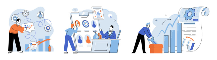 Business development. Vector illustration. Collaboration within diverse groups people fosters innovation Finance professionals analyze market trends and assess risks Banking transactions
