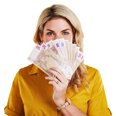 Isolated woman, cash fan and portrait with bonus, winning and success in competition by transparent...