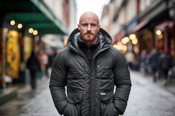 Portrait of a bald man in a jacket on a city street