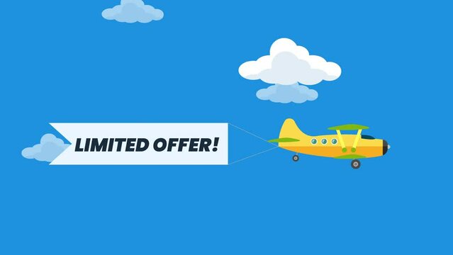 Aircrafts in sky with limited offer text banners cartoon animation. plane flying with advertising ribbons.