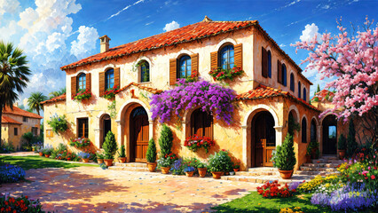 Beautiful house surrounded by flowers, mediterranean architecture oil painting on canvas. - obrazy, fototapety, plakaty