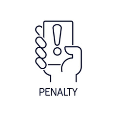 A hand raises up a card with an exclamation mark. Penalty.  Vector linear illustration icon isolated on white background.