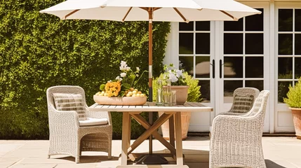 Foto auf Acrylglas Garten Modern cottage garden furniture, outdoor decor and countryside house patio terrace chairs and table with umbrella, country style, generative ai