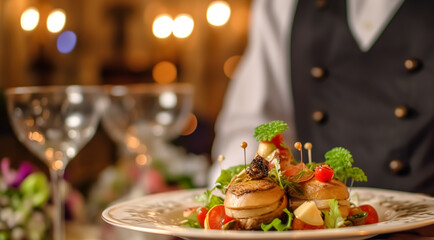Luxury food service, appetisers and desserts served at a restaurant or formal dinner event in classic English style in the luxurious hotel or country estate, generative ai - obrazy, fototapety, plakaty