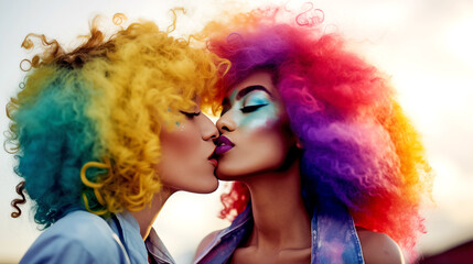 Fototapeta premium KISSING LESBIAN COUPLE. LGBT FESTIVAL. legal AI