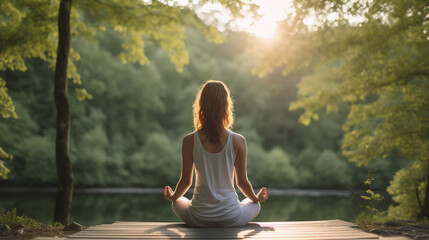 Fototapeta na wymiar Frau in meditativer Yoga-Pose genießt die Ruhe der Natur auf einer Wiese bei Sonnenuntergang