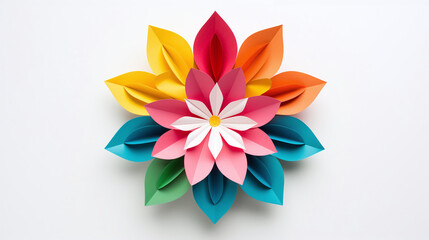 Fototapeta premium Farbenfrohe Origami-Blume aus Papier auf weißem Hintergrund, Kunsthandwerk in leuchtenden Farbtönen