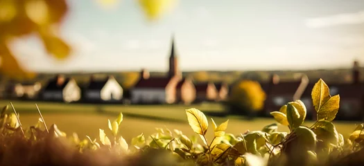 Foto op Canvas Abstract autumn scene and English country style house village on background, beautiful countryside nature with autumnal leaves and bokeh, generative ai © Anneleven