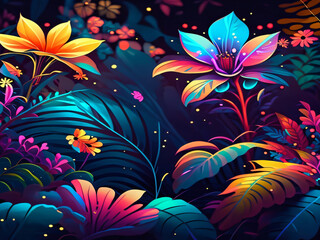 Naklejka premium a lively and colorful stylish retro rose pattern with painted leaves and blossoms that exude a natural and exotic feel, capturing the essence of summer in a playful and charming way
