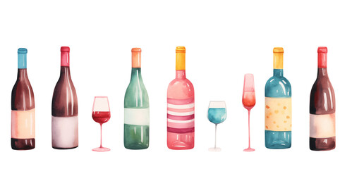 カラフルで可愛いワインやワイングラスの水彩風透過イラスト