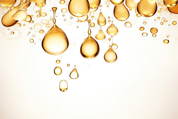 Oil drops. Serum droplet with air bubbles. Skincare gold drops on white background.