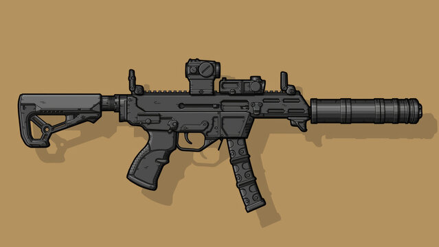 Close-up of a black VPO 185 rifle with a silencer on an isolated brown background. Art Line