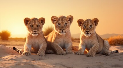Three lion cubs sitting on the sand near sunset. - obrazy, fototapety, plakaty