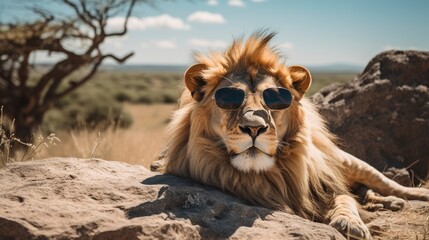 Lion wearing sunglasses on a rocky outcrop with the Serengeti in the background.
