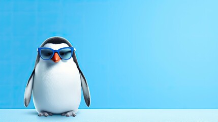 Penguin wearing sunglasses on a solid icy-blue background. - obrazy, fototapety, plakaty