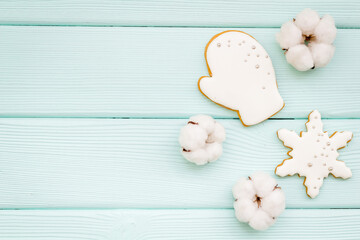 White Christmas cookies pattern, top view. New Year decoration