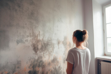 Woman examines mold on wall in apartment - obrazy, fototapety, plakaty