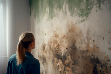 Woman examines mold on wall in apartment