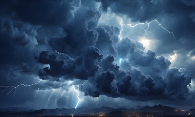 Blue and White Clouds with Lightning in Dark Sky