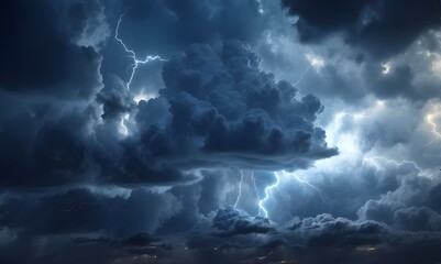 Dark Atmosphere with Flashing Lightning and Blue Clouds - Stormy Skies - obrazy, fototapety, plakaty