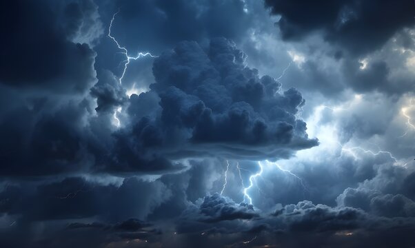 Dark Atmosphere with Flashing Lightning and Blue Clouds - Stormy Skies