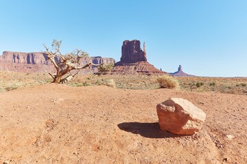 The iconic Mittens formations, as seen on the Monument Valley Scenic Drive