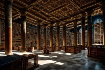 inside of the ancient library at Alexandria 2000 years ago. Students and scholars reading from huge racks to papyrus scrolls. Walls covered with hieroglyphs