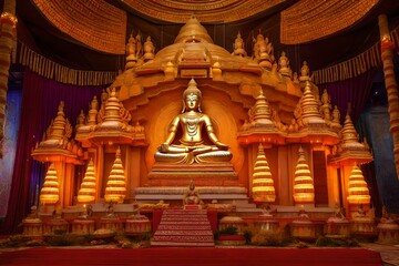 a large pandal for Durga puja in Kolkata, India for the occasion of the Hindu festival of Dasara/Dusseh Stacked zen stones sand background art of balance. glowing Lotus flowers and gold buddha statue