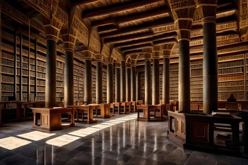 inside of the ancient library at Alexandria 2000 years ago. Students and scholars reading from huge racks to papyrus scrolls. Walls covered with hieroglyphs - obrazy, fototapety, plakaty