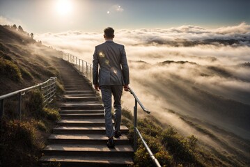 Climbing to Success: Businessman in Gray Suit on a Mountain Trail.