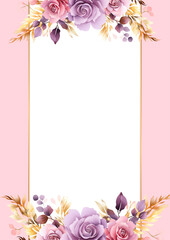 Obraz premium Pink and purple violet vector frame with foliage pattern background with flora and flower