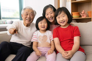 Asian multi generation family, grand parents with little grand daughters relaxing on sofa in living room and smiling to camera.