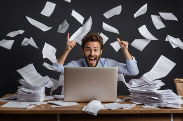 A happy man throws papers in different directions, celebrates the completion of her work.